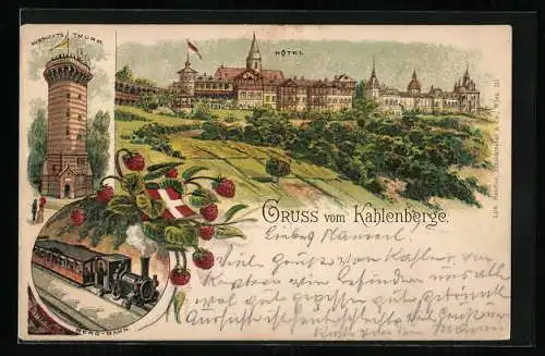 Vorläufer-Lithographie Wien, 1895, Kahlenberg, Hotel, Aussichtsturm und Bergbahn