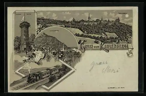 Mondschein-Lithographie Wien, Kahlenberg, Das Hotel, Stefanie-Warte, Leopoldsberg, Bergbahn