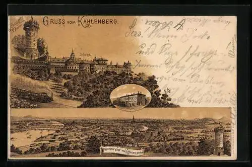 Lithographie Wien, Hotel und Aussichtsturm, Panorama vom Kahlenberg aus gesehen