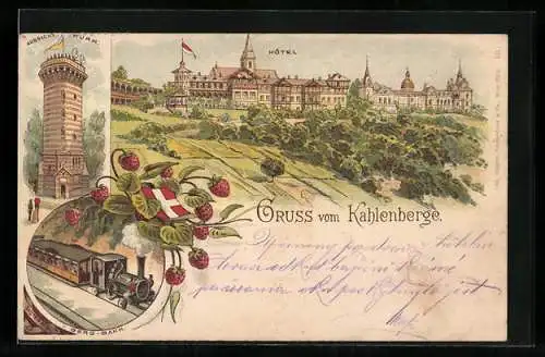 Lithographie Wien-Kahlenberg, Aussichtsthurm, Berg-Bahn, Hotel