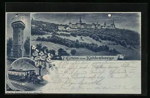 Mondschein-Lithographie Wien, Kahlenberg, Hotel, Aussichtsturm, Bergbahn