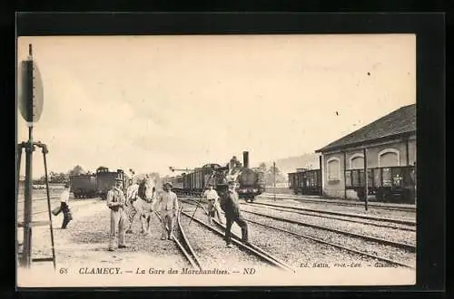 AK Clamecy, La Gare des Marchandises, Männer mit Pferd am Bahnhof