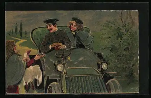 Lithographie Gänseverkäuferin verkauft an Autofahrer