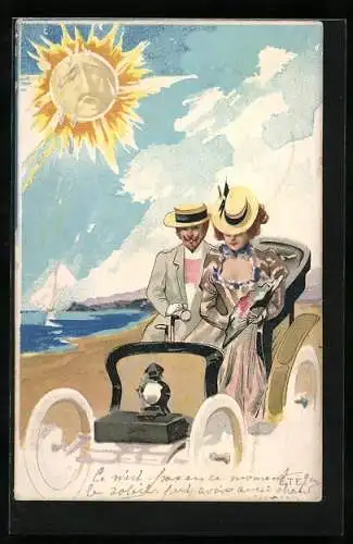 Lithographie Auto fährt in der Sommerhitze am Meer entlang