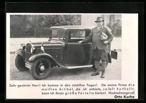 AK Auto BMW 3 /20, Vetreter der Otto Kuche Fabrik für Chemische Produkte daneben
