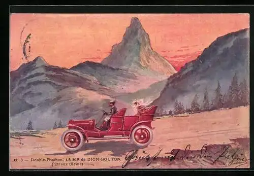 Künstler-AK Puteaux, Double-Phaeton, 15 HP de Dion-Bouton mit Paar