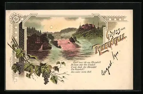 Lithographie Uferpartie mit Rheinfall und Blick nach Schaffhausen