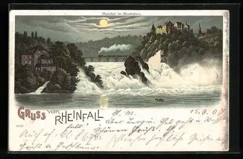 Lithographie Rheinfall, Blick zum Wasserfall