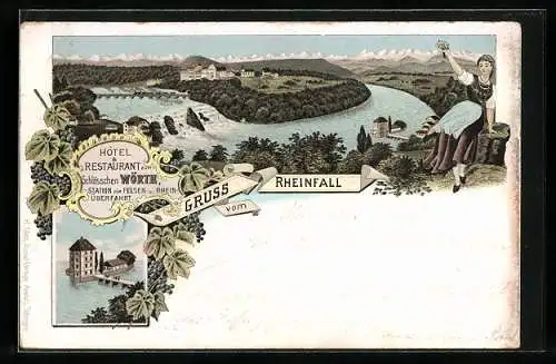 Lithographie Wörth, Rheinfall, Hotel und Restaurant zum Schlösschen