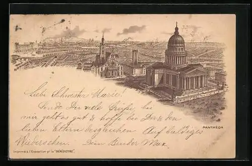 Lithographie Paris, Le Panthéon mit Leuten