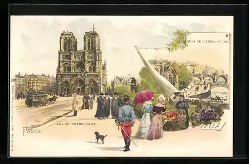 Lithographie Paris, Cathédrale Notre-Dame, Quai de l`Archeveche