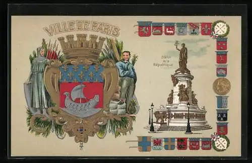 AK Wappen Ville de Paris mit Statue de la Republique und Länderwappen