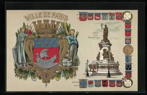 AK Wappen Ville de Paris mit Statue de la Republique und Länderwappen