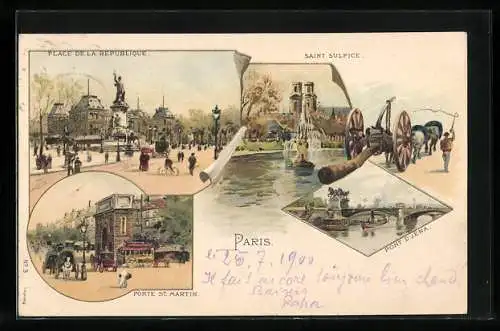 Lithographie Paris, Place de la Republique, Saint Sulpice, Porte Saint Martin