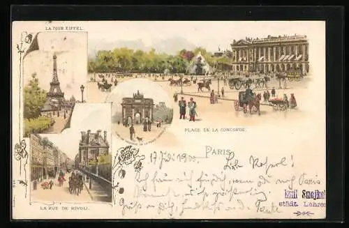 Lithographie Paris, Place de la Concorde, La Rue de Rivoli