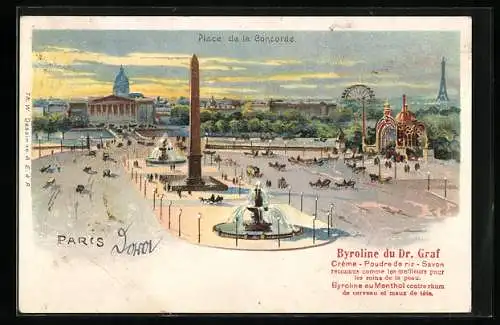 Lithographie Paris, Place de la Concorde, Reklame für Chocolat H. Forest, Rue Croix-des-Petits Champs 23