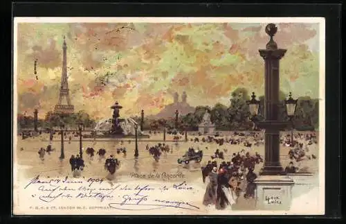 Lithographie Paris, Place de Concorde bei Dämmerung