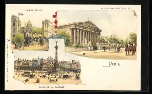 Lithographie Paris, La Rue Royale, La Chambre des Députés, Place de la Bastille