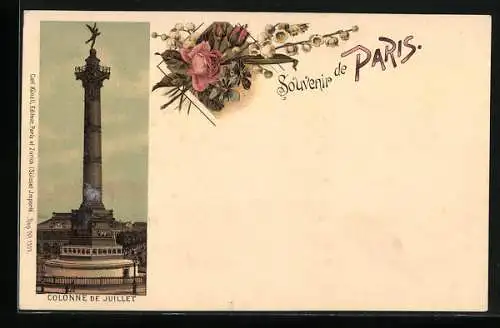 Lithographie Paris, Place de la Concorde et Colonne de Juillet