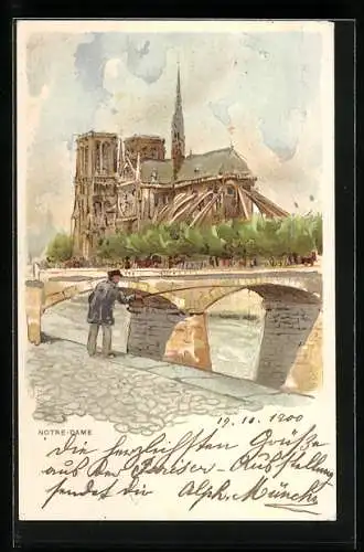 AK Paris, Cathédrale Notre-Dame mit Angler