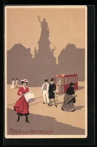 Künstler-Lithographie Paris, Place de la Republique, Strassenszene, Belle Époque