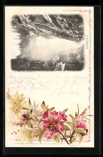 Lithographie Der Handegfall im floralen Passepartout