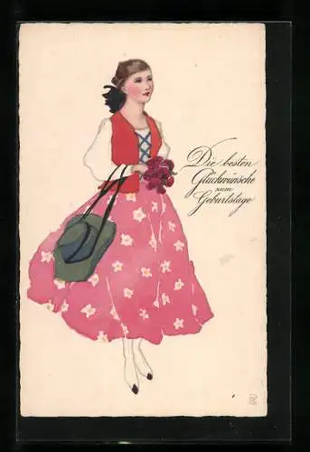 Künstler-AK Meissner & Buch (M&B) Nr. 2387: Junge Frau mit Rosen, Geburtstagsgruss