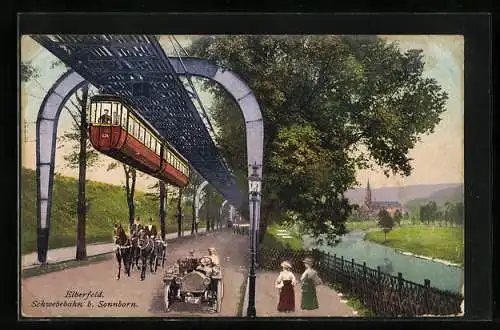 AK Elberfeld, Schwebebahn bei Sonnborn, Kutsche und Auto