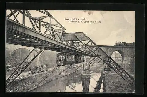 AK Barmen-Elberfeld, Schwebebahn, Strassenbahn und Eisenbahn a. d. Sonnborner Brücke