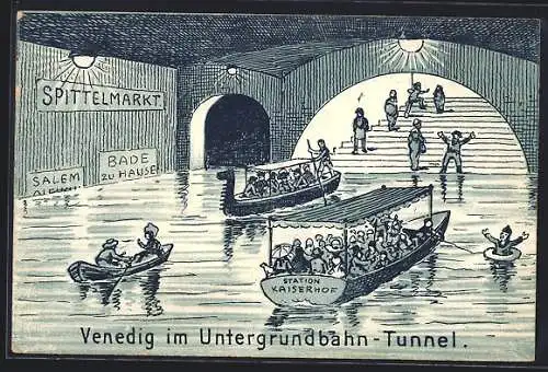 Lithographie Berlin, Fahrgastboote im überschwemmten U-Bahn-Tunnel am Spittelmarkt - Karikatur