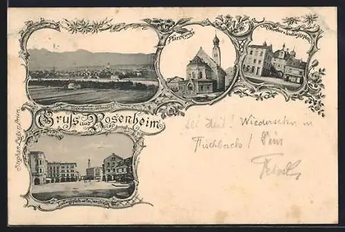 AK Rosenheim, Ludwigsplatz mit Innstrasse, Pfarrkirche und Mitterthor