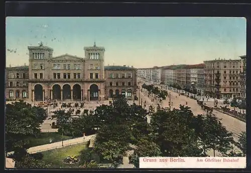 AK Berlin-Kreuzberg, Görlitzer Bahnhof, Grünanlange, Strassenbahn