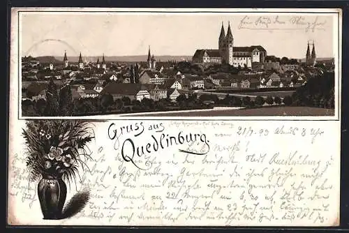 Lithographie Quedlinburg, Stadtpanorama im Blumenstrauss-Passepartout