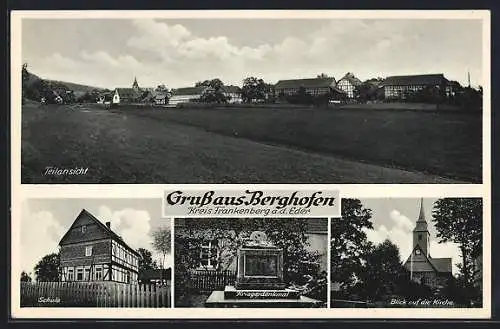 AK Berghofen / Kr. Frankenberg, Schule, Kriegerdenkmal, Kirche, Totalansicht