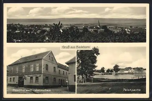 AK Badeborn, Gasthof zum Lämmchen, Teichpartie, Totalansicht