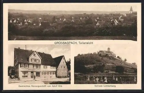 AK Grossaspach O. A. Backnang, Gemischtwaren-Geschäft von Adolf Erb, Schloss Lichtenberg, Teilansicht