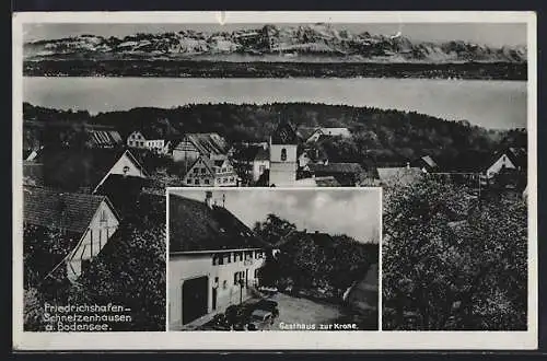 AK Friedrichshafen-Schnetzenhausen a. Bodensee, Gasthaus zur Krone, Teilansicht mit Pension von E. Angele, Bergpanorama