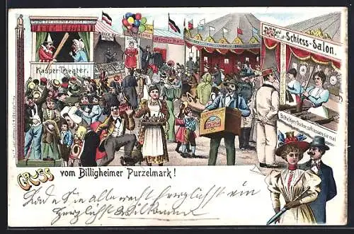 Lithographie Pforzheim, Volksfest, Kasper-Theater, Schiess-Salon, Mann mit Leierkasten