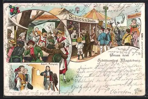 Lithographie Gruss vom Volksfest, Besucher vor Schiessbude, Waffelbäckerei, Riesendame und Schnell-Photograph