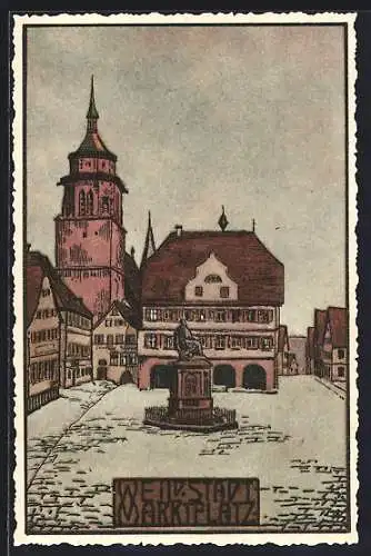 Steindruck-AK Weil der Stadt, Blick auf den Marktplatz