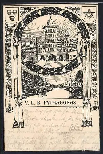 Lithographie Lübeck, V. L. B. Pythagoras, Ortspartie, Studentenwappen