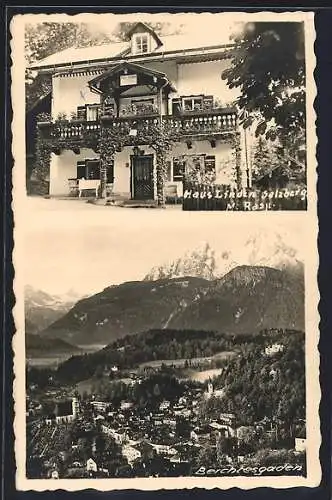 AK Berchtesgaden, Hotel Haus Linden am Salzberg, v. M. Rasil, Gesamtansicht gegen die Berge