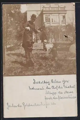 Foto-AK Heidelberg / Neckar, Männer trainieren im Garten der Villa Rohrbacherstrasse 38 ein paar Hunde