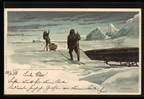 AK Nach Süden!, Nansen und Johansen auf dem Heimwege mit Schlitten, Expedition 1896