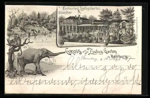 Lithographie Hamburg, Zoologischer Garten mit Restaurant von H. Günther