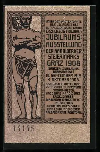 AK Graz, Jubiläums-Ausstellung d. Handwerker Steiermarks 1908, Handwerker mit Hammer, Wappen