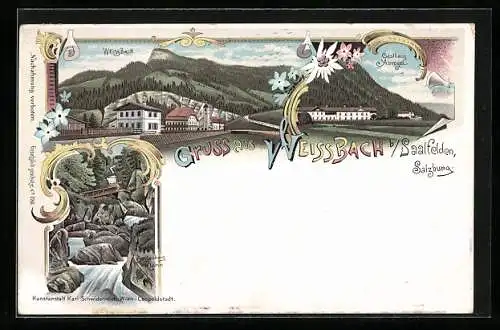 Lithographie Weissbach b. Saalfelden, Gasthaus Auvogel, Seisenberg Klamm, Ortsansicht