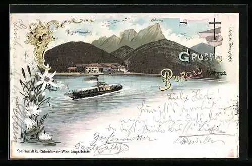 Lithographie Burgau am Attersee, Dampfer, Blumen, Schafberg