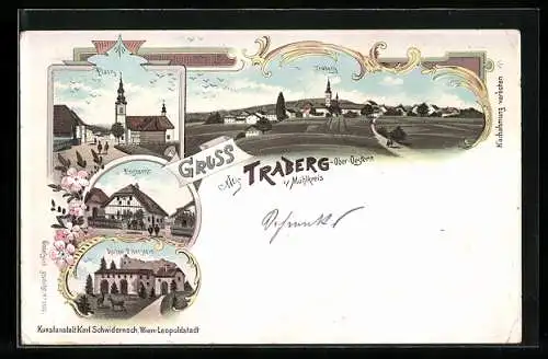 Lithographie Traberg i. Mühlkreis, Postamt, Platz mit Kirche, Ruine Piberstein