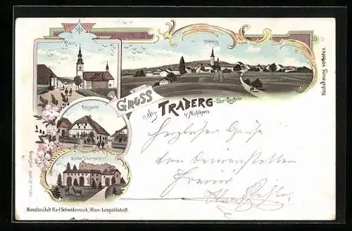 Lithographie Traberg i. Mühlkreis, Postamt, Platz mit Kirche, Ruine Piberstein, Ortsansicht